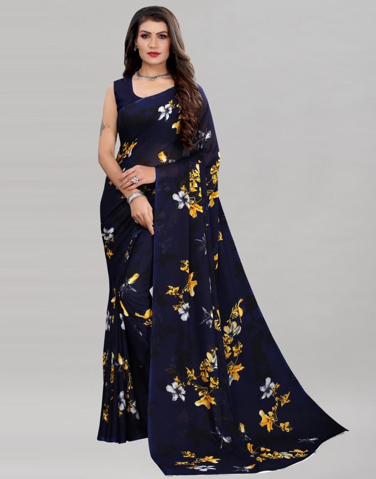 Navy Blue Coloured Georgette Floral Printed Casual saree | Leemboodi