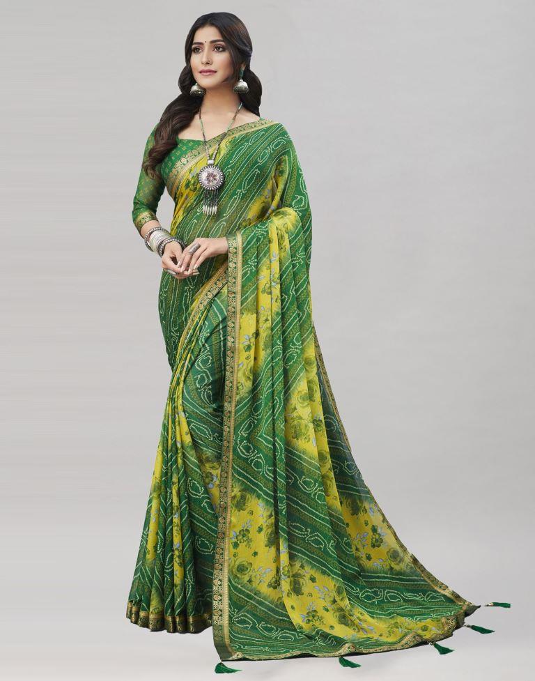 Green Floral Bandhani Printed Chiffon Saree | Leemboodi