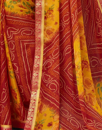Red Floral Bandhani Printed Chiffon Saree | Leemboodi