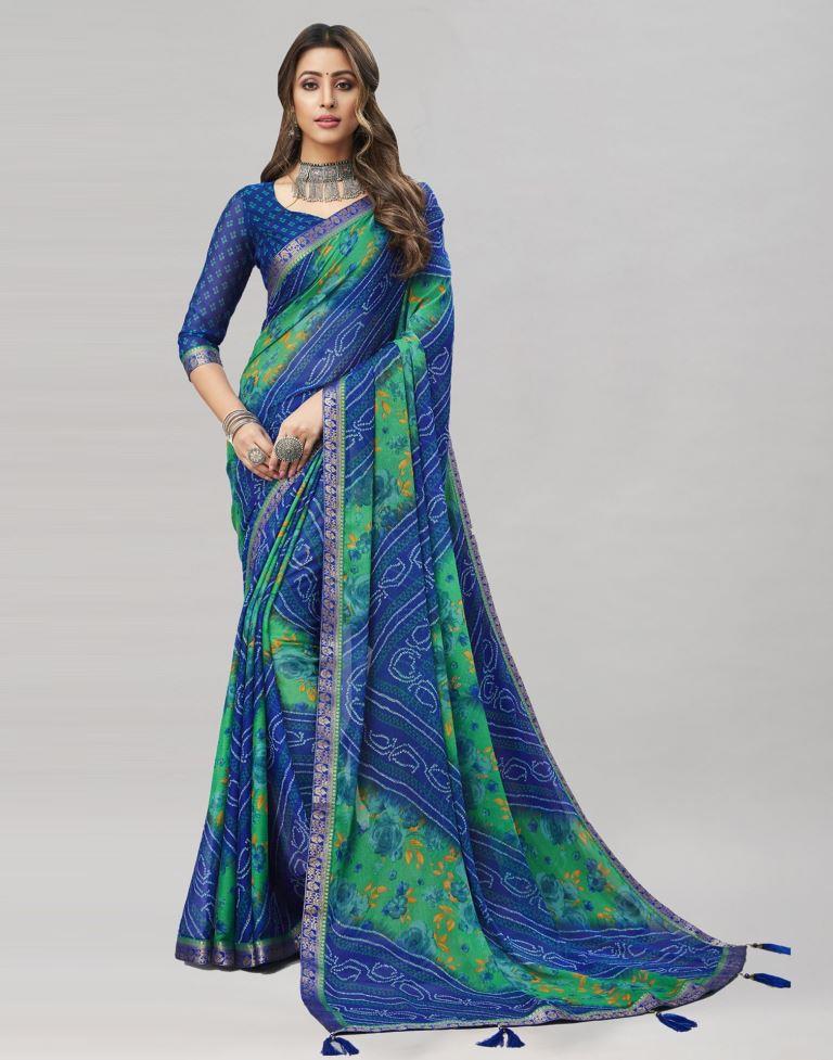 Blue Floral Bandhani Printed Chiffon Saree | Leemboodi