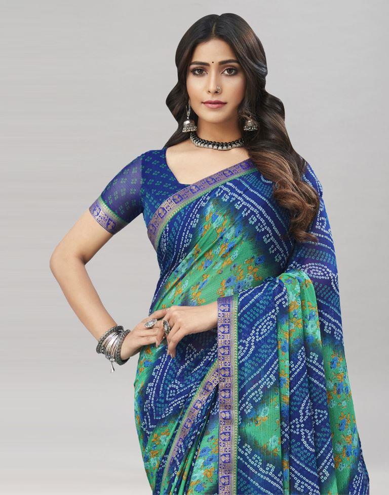 Buy Light Cyan Brown Printed Wrinkle Georgette Saree (With Blouse) 13432 |  www.maanacreation.com