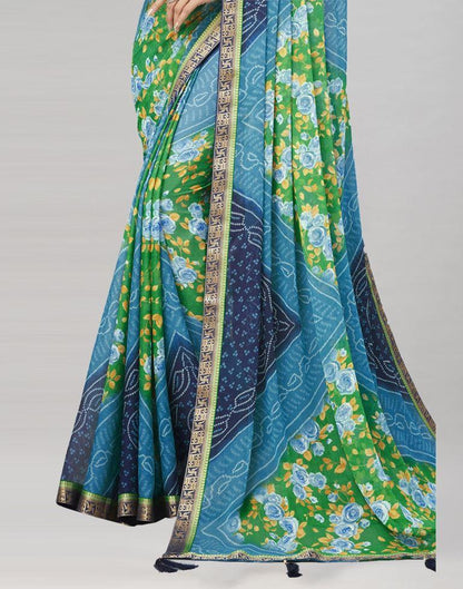 Teal Blue Floral Bandhani Printed Chiffon Saree | Leemboodi