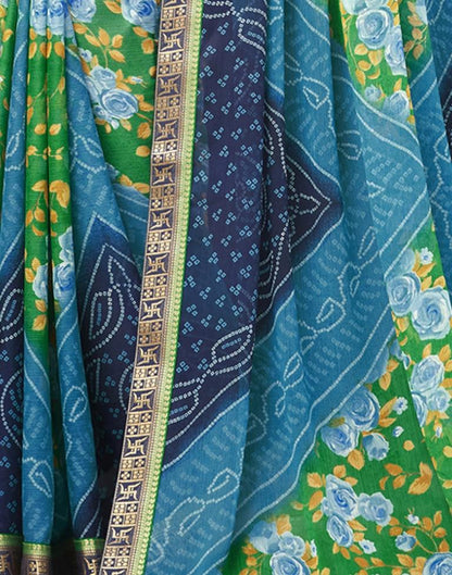Teal Blue Floral Bandhani Printed Chiffon Saree | Leemboodi