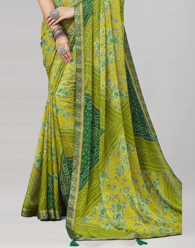 Olive Green Floral Bandhani Printed Chiffon Saree | Leemboodi
