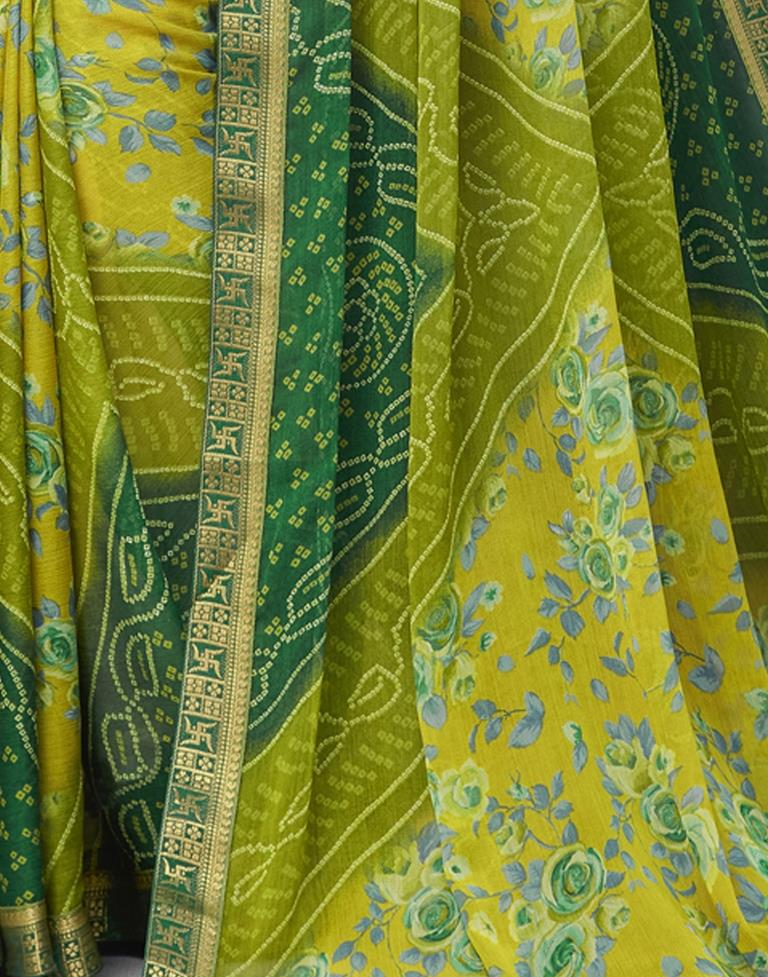 Olive Green Floral Bandhani Printed Chiffon Saree | Leemboodi