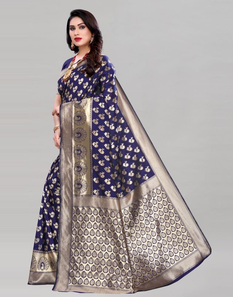 Dark Blue Woven Banarasi Soft Silk Saree - Urban Womania