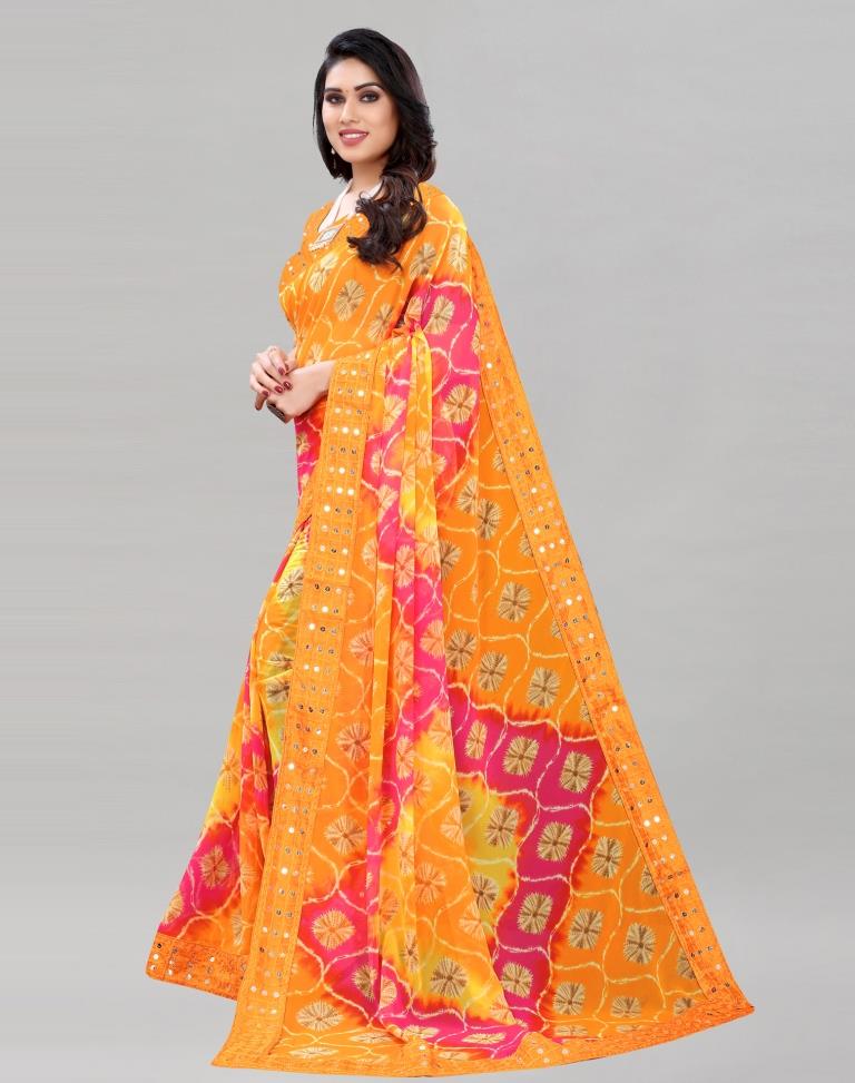 Yellow Bandhani Saree with Embroidery Border