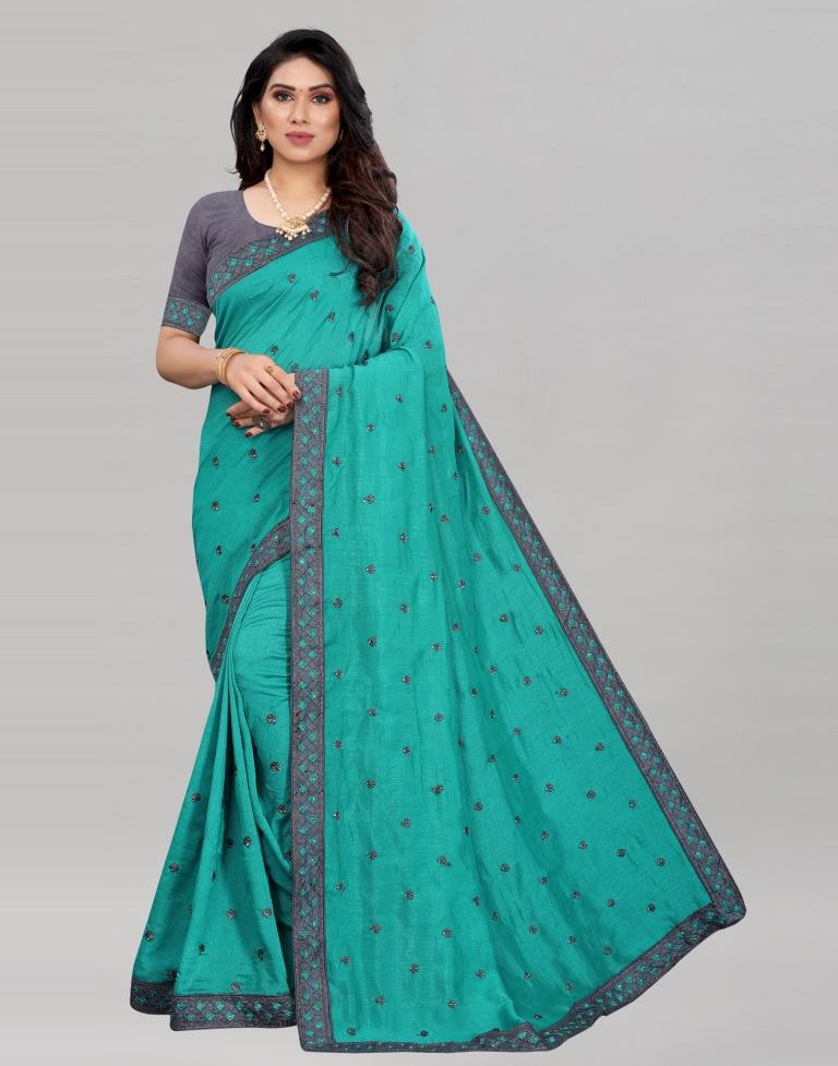 Pine Green Coloured Poly Silk Embroidered Partywear saree | Leemboodi