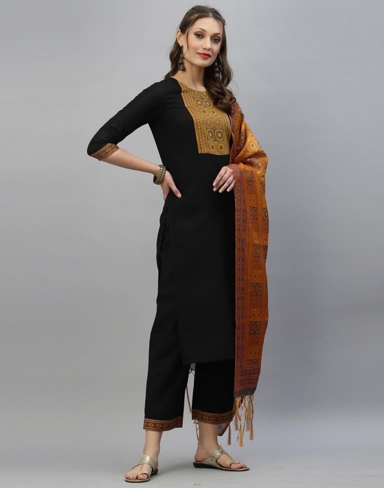 Straight Style Net Fabric Black color Kurta with Thread & Stone work and  Shantoon fabric Bottom with turquoise color chiffon Dupatta