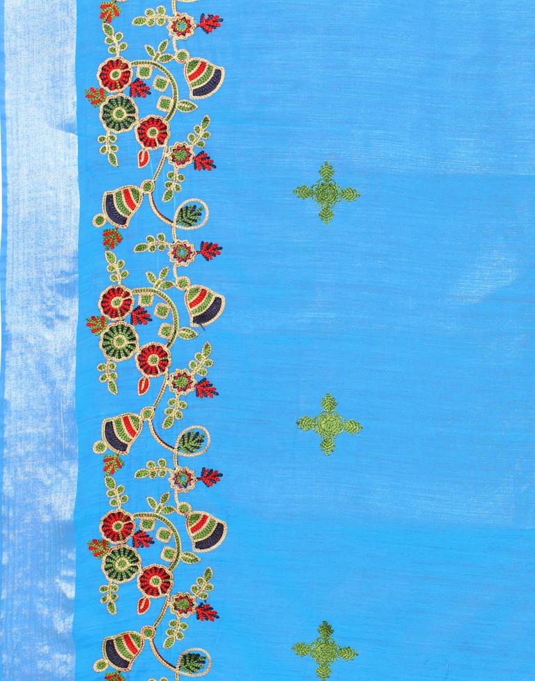 Sky Blue Embroidered Cotton Saree | Leemboodi