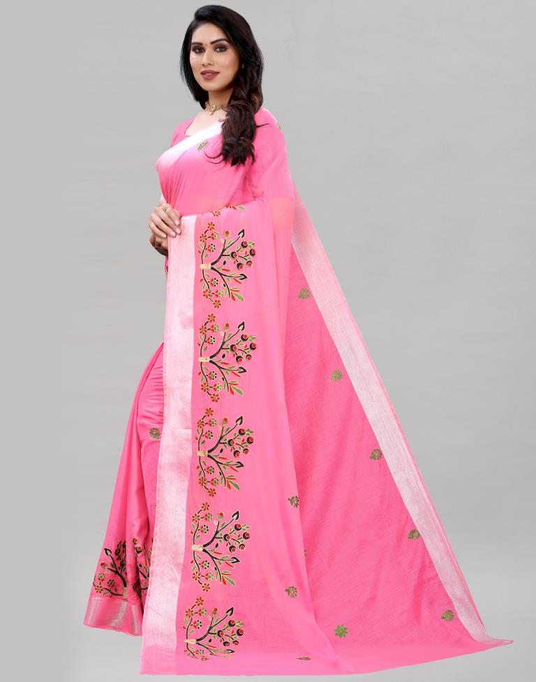 Pink Embroidered Cotton Saree | Leemboodi