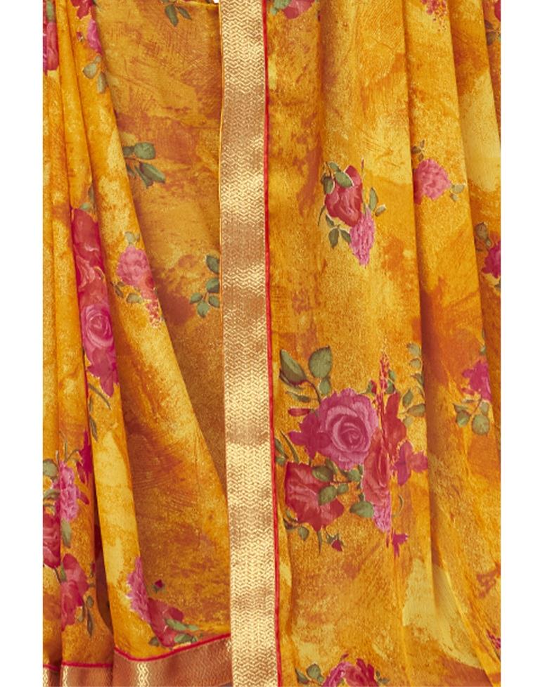 Turmeric Yellow Coloured Chiffon Floral Printed Casual saree | Leemboodi