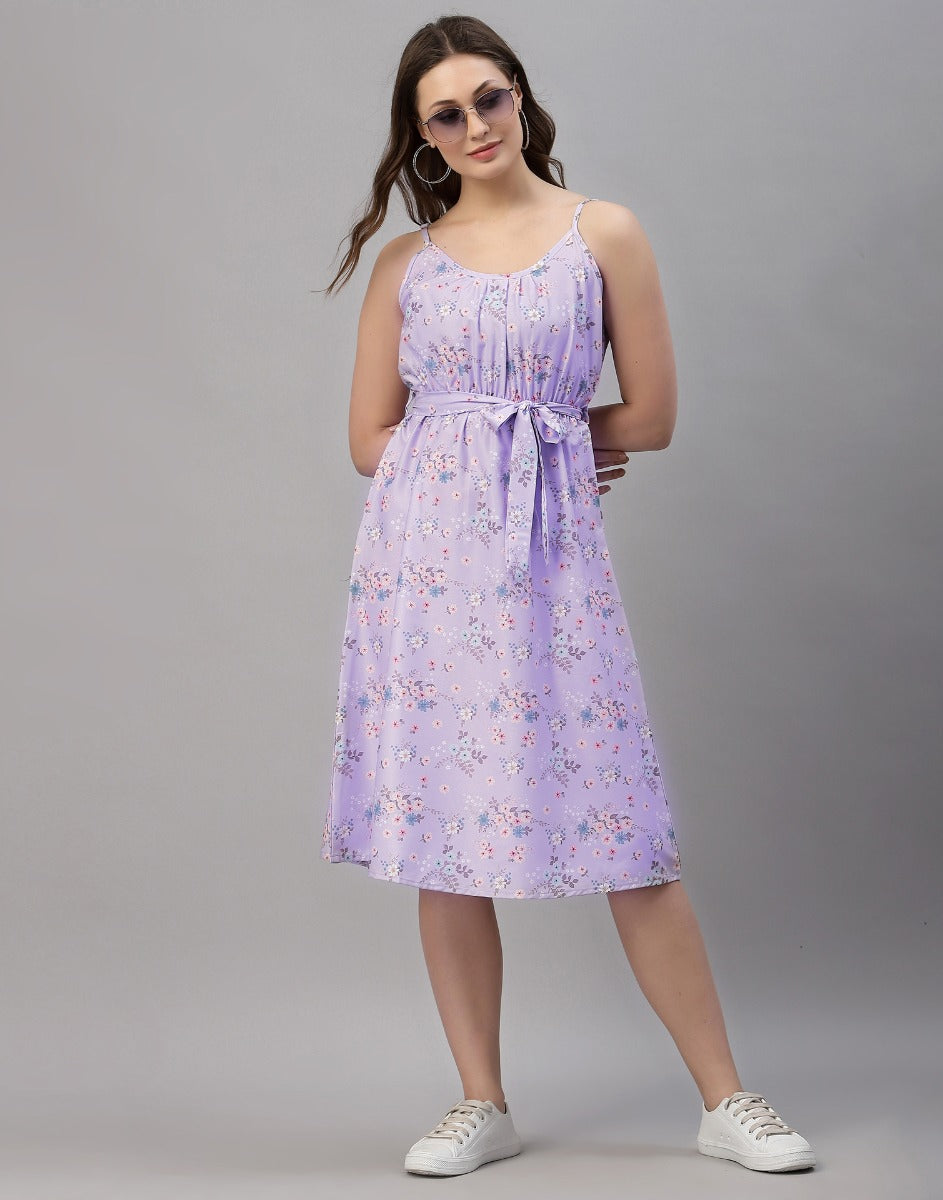 Lilac Coloured Crepe Digital Print Dress | Leemboodi