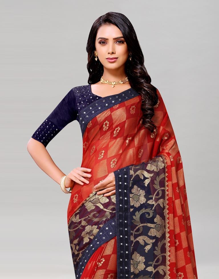 Red Coloured Brasso Embroidered Partywear saree | Leemboodi