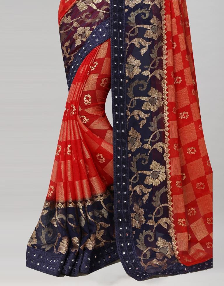 Red Coloured Brasso Embroidered Partywear saree | Leemboodi