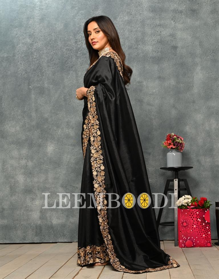 Black Coloured Poly Silk Embroidered Partywear Saree | Leemboodi