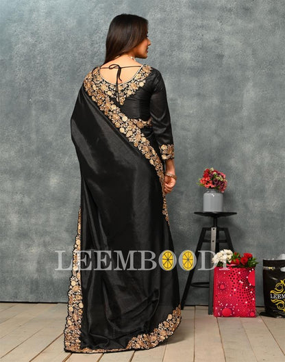 Black Coloured Poly Silk Embroidered Partywear Saree | Leemboodi