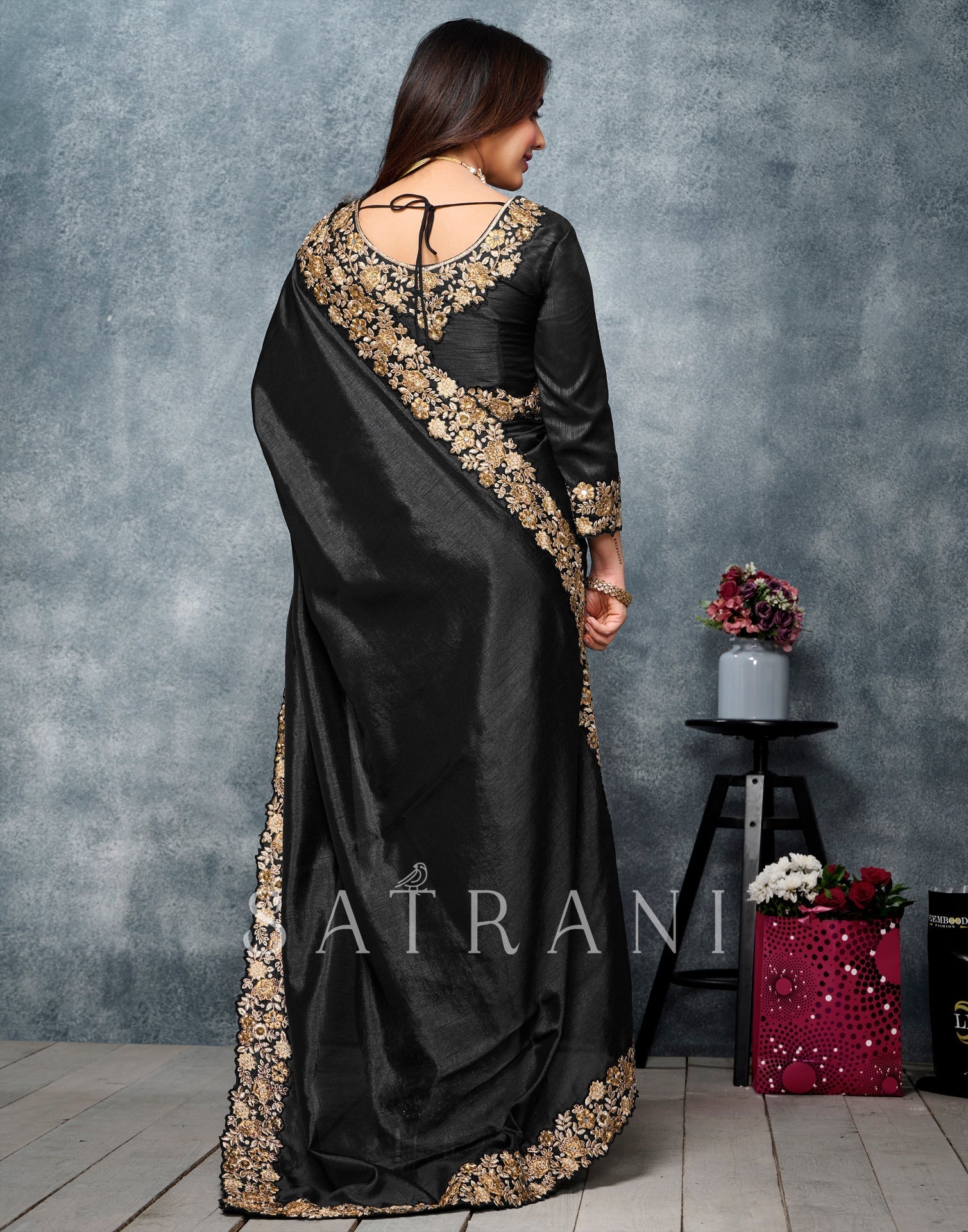 Party Wear, Reception Black and Grey color Chiffon fabric Saree : 1868416