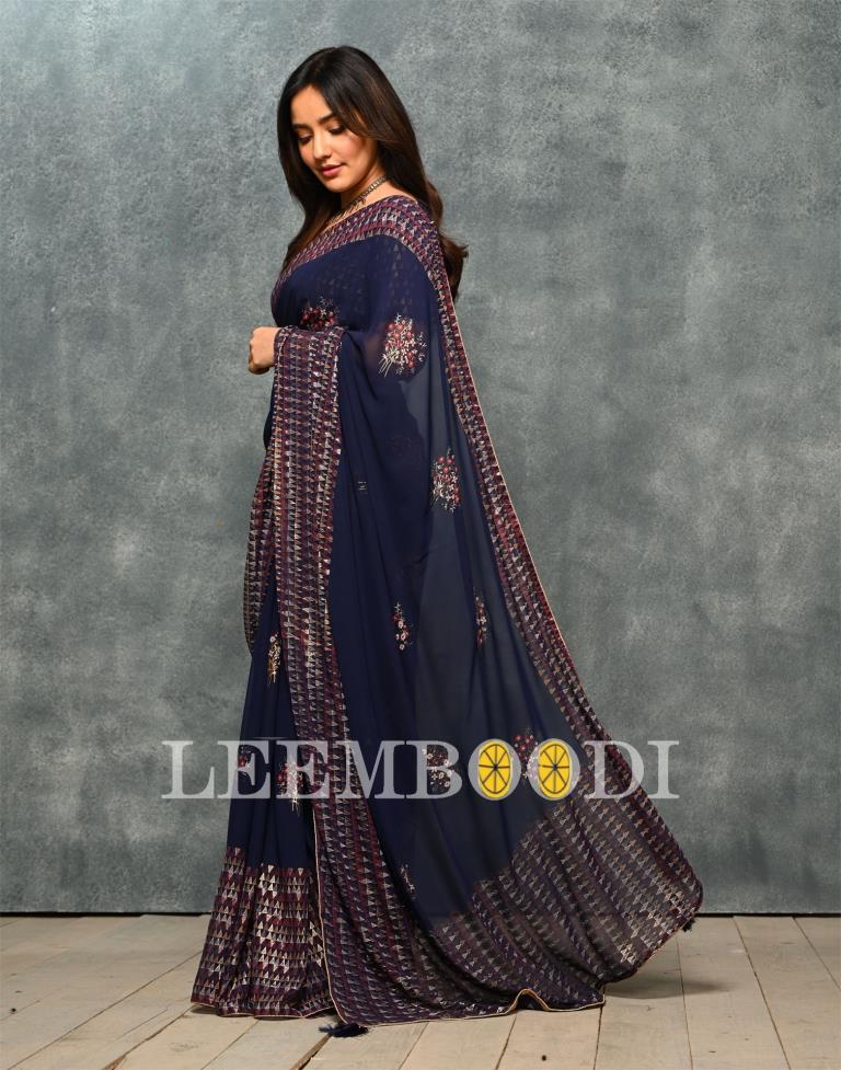 Navy Blue Coloured Georgette Foil And Pigment Printed Partywear Saree | Leemboodi