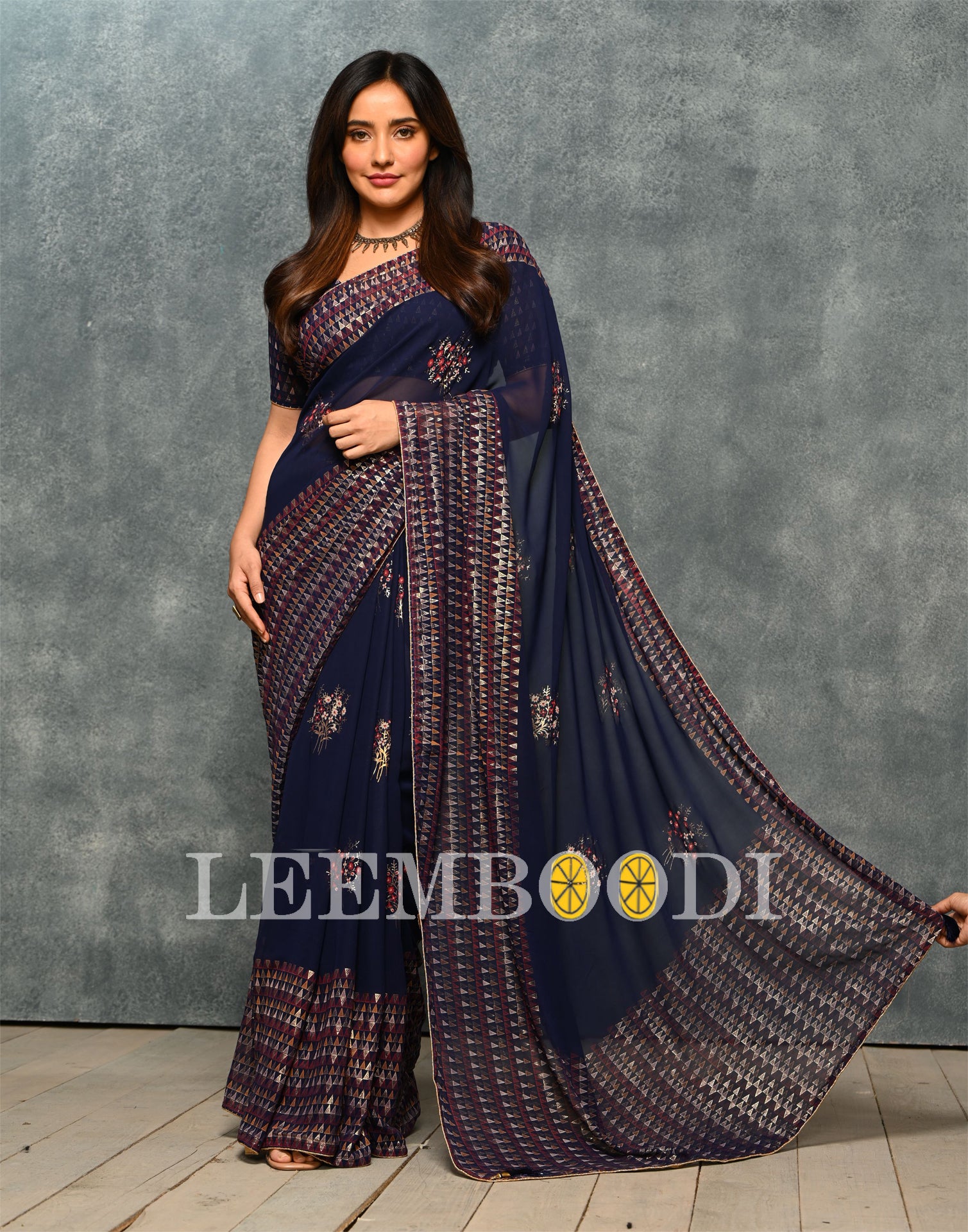 Navy Blue Coloured Georgette Foil And Pigment Printed Partywear Saree | Leemboodi