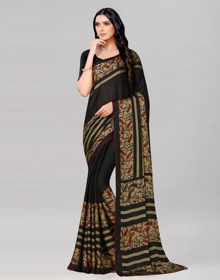 Black Coloured Printed Chiffon Saree | Leemboodi