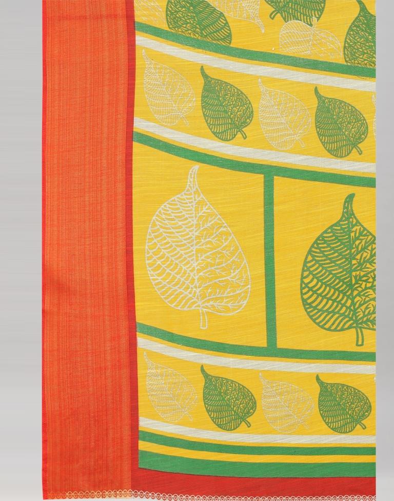 Turmeric Yellow Coloured Poly Cotton Leaf Printed Saree | Leemboodi