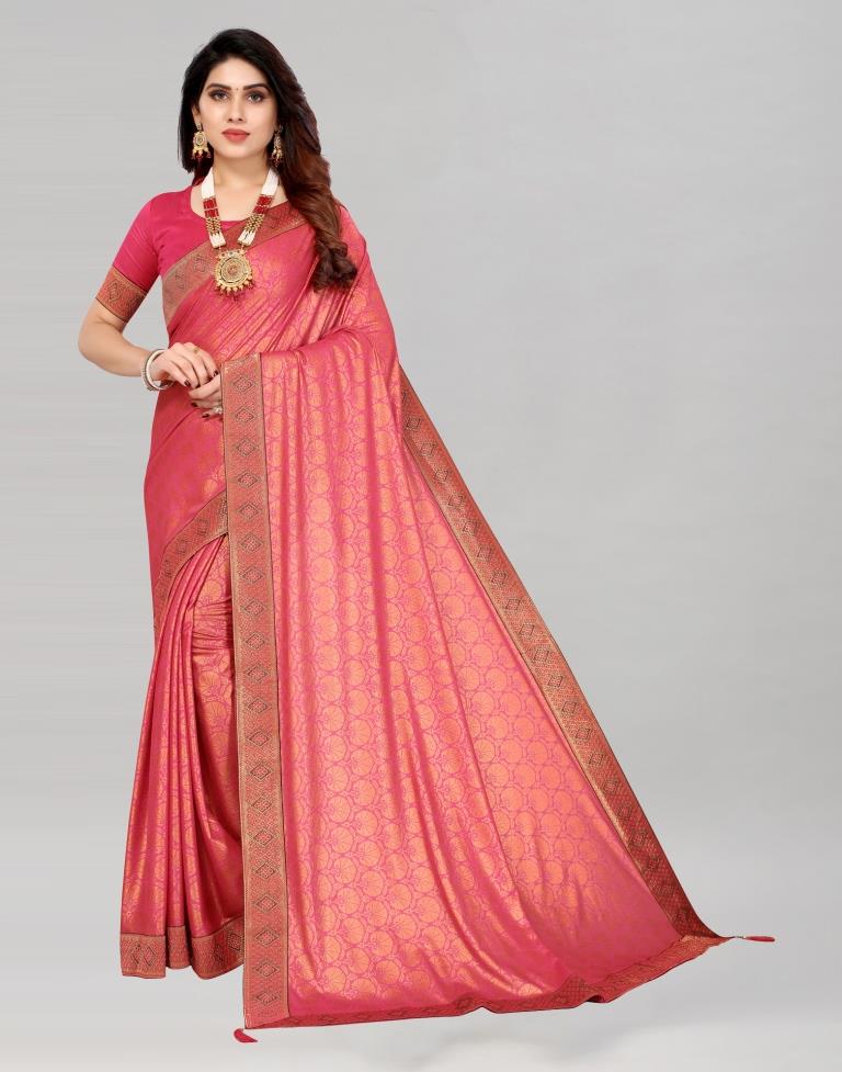 Dark Peach Embroidered Silk Blend Saree With Blouse - UNAVAILABLE - 3127883