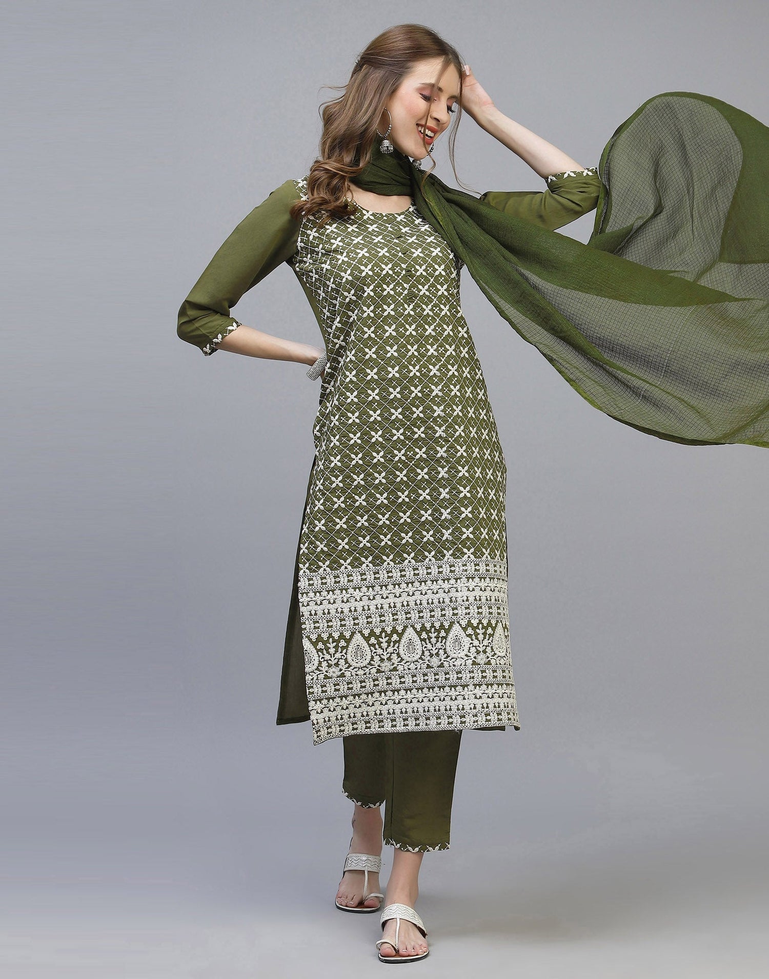 Olive Green Kurti With Pant And Dupatta | Leemboodi