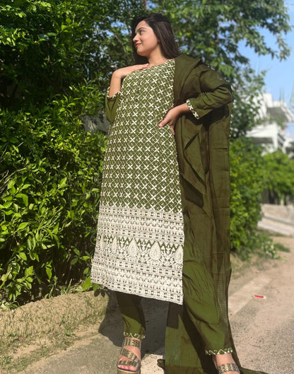 Olive Green Kurti With Pant And Dupatta | Leemboodi