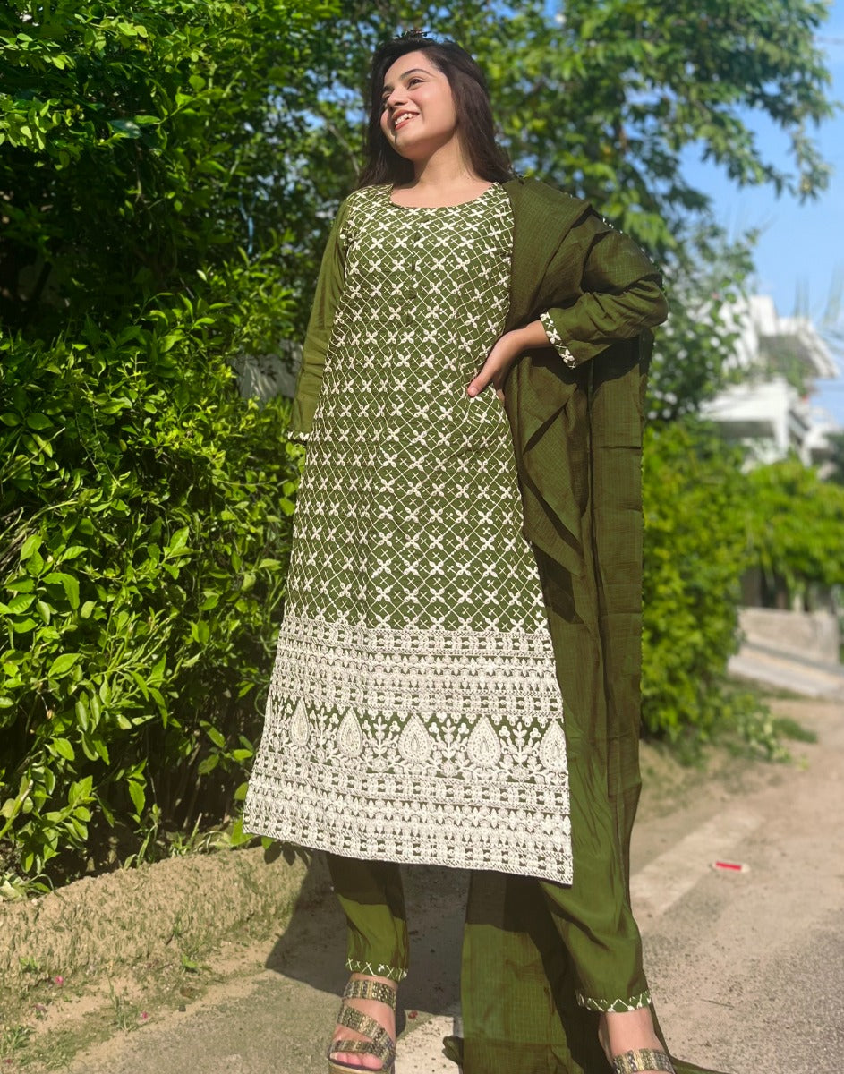 Olive Green Kurti With Pant And Dupatta | Leemboodi