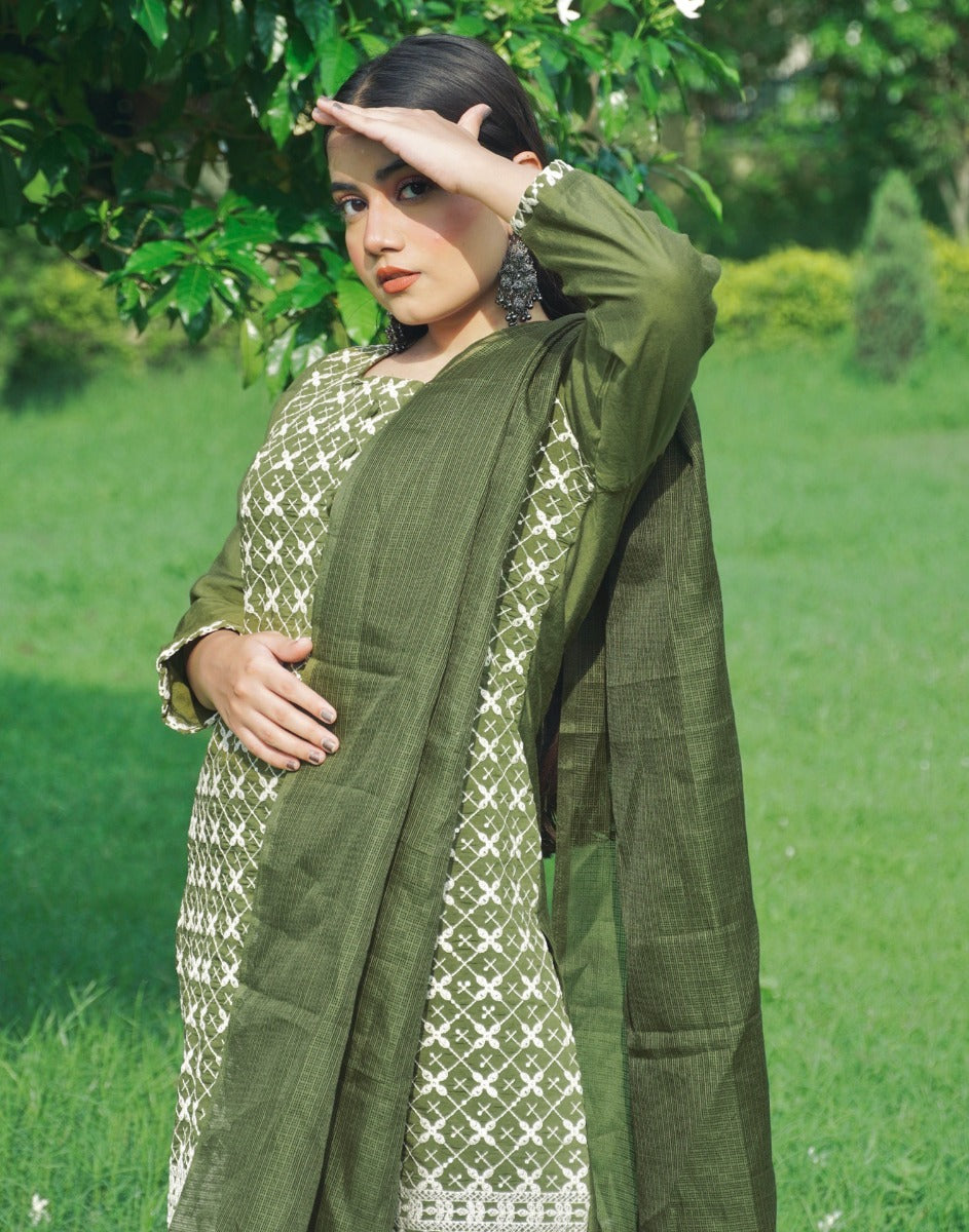 Olive Green Kurti With Pant And Dupatta | Leemboodi