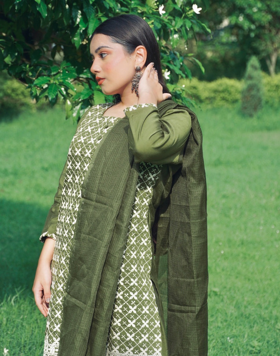 Olive Green Kurti With Pant And Dupatta | Leemboodi