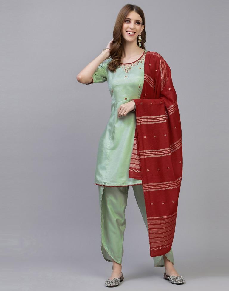 Mint Green Kurti With Pant And Dupatta | Leemboodi