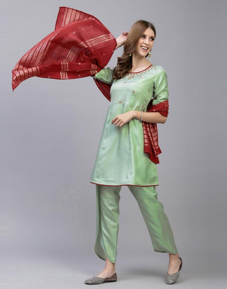 Mint Green Kurti With Pant And Dupatta | Leemboodi