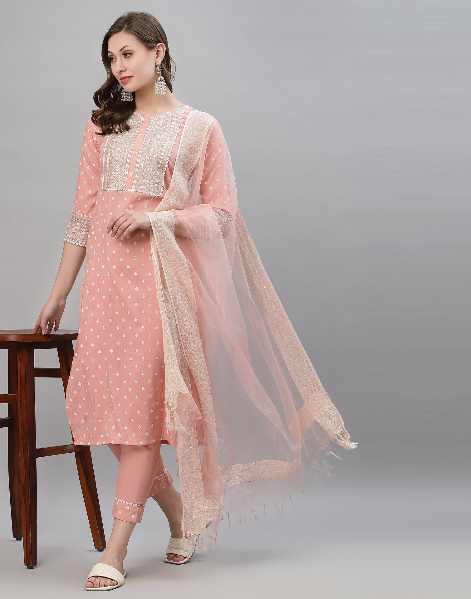 Kasee Women's Peach color Cotton Blend Ethnic Embroidered And Printed Work  Round Kurta