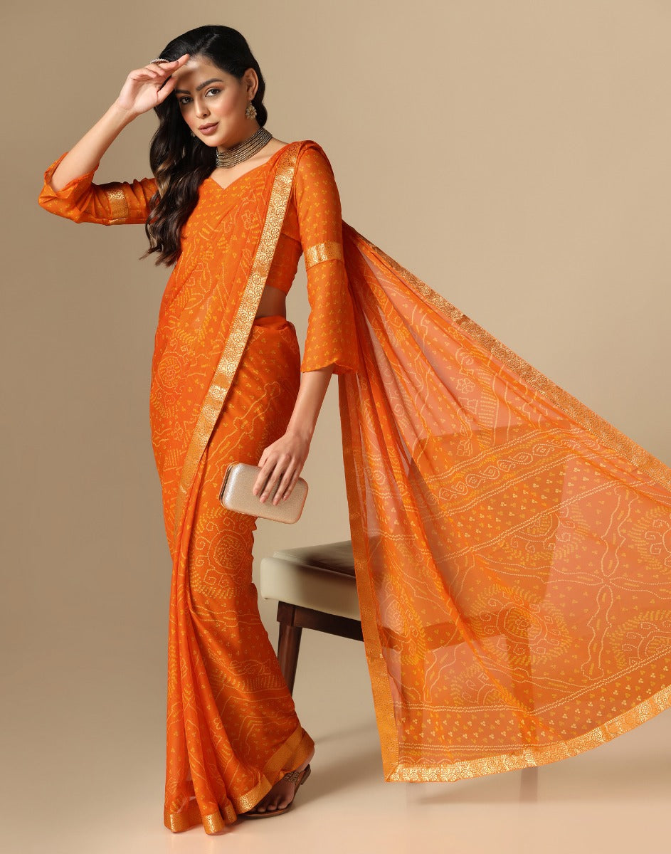 Orange Bandhani Saree | Leemboodi