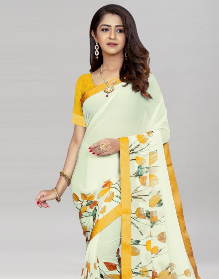 Cream embroidered chiffon saree with blouse - Roykals Textile - 3169006