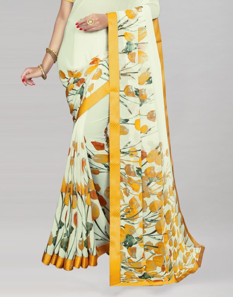 Cream Coloured Chiffon Floral Printed Saree | Leemboodi