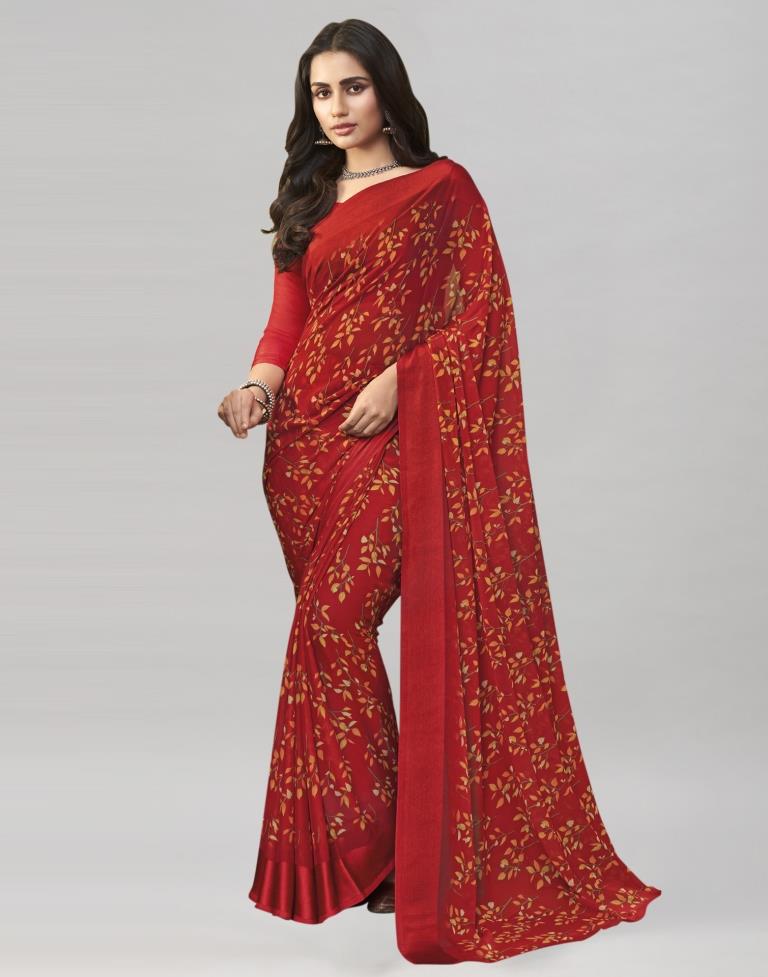 Red Coloured Chiffon Floral Printed Saree | Leemboodi