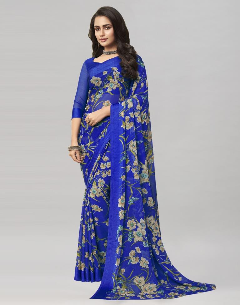 Royal Blue Coloured Chiffon Floral Printed Saree | Leemboodi
