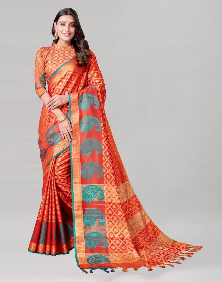 Orange Coloured Cotton Silk Jacquard Saree | Leemboodi