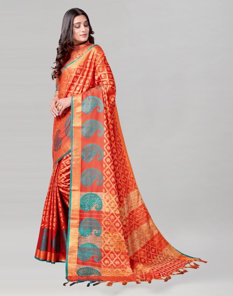 Orange Coloured Cotton Silk Jacquard Saree | Leemboodi