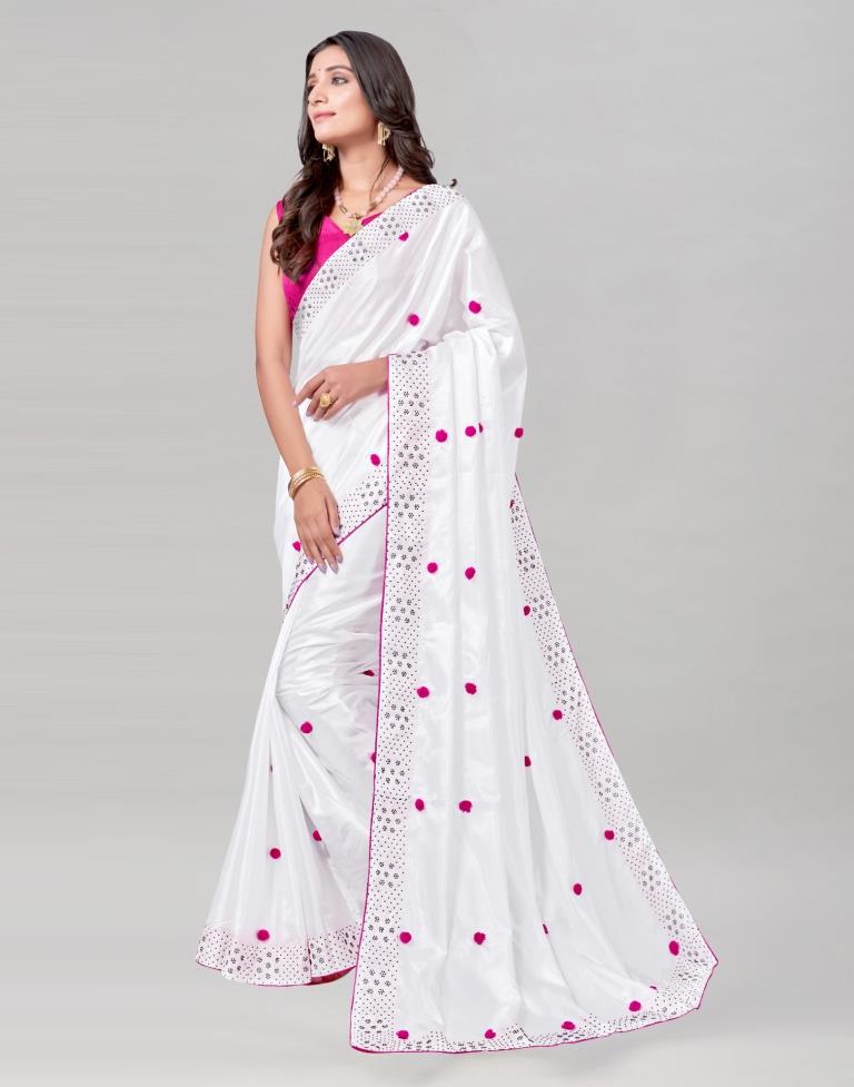White Coloured Silk Embellished Saree | Leemboodi