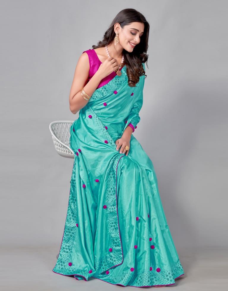 Turquoise Blue Coloured Silk Embellished Saree | Leemboodi