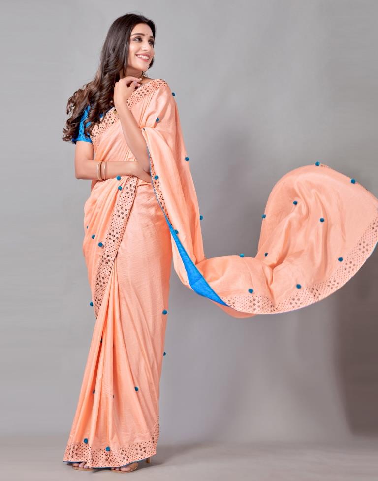Peach Coloured Poly Silk Embellished Saree | Leemboodi