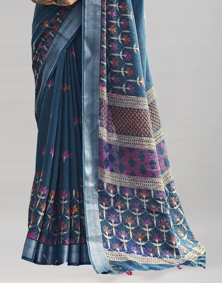 Peacock Blue Coloured Poly Cotton Printed Saree | Leemboodi