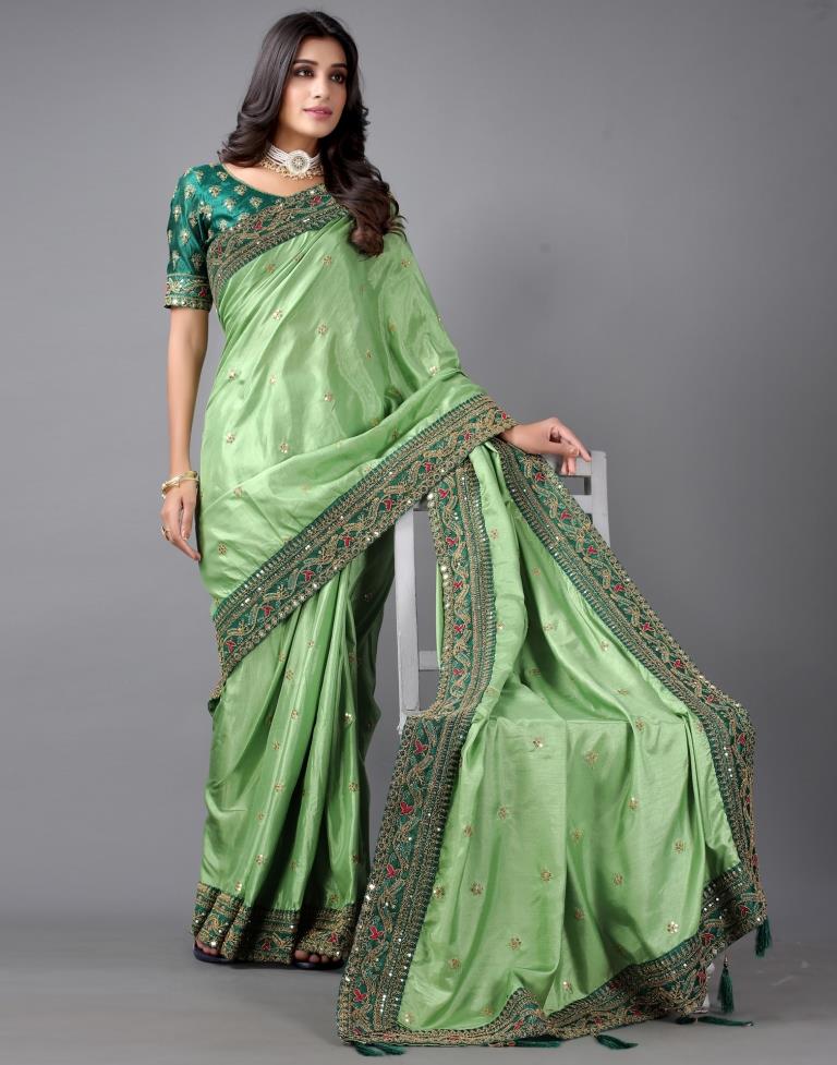 Pista Green Color Cotton Floral Printed Saree.