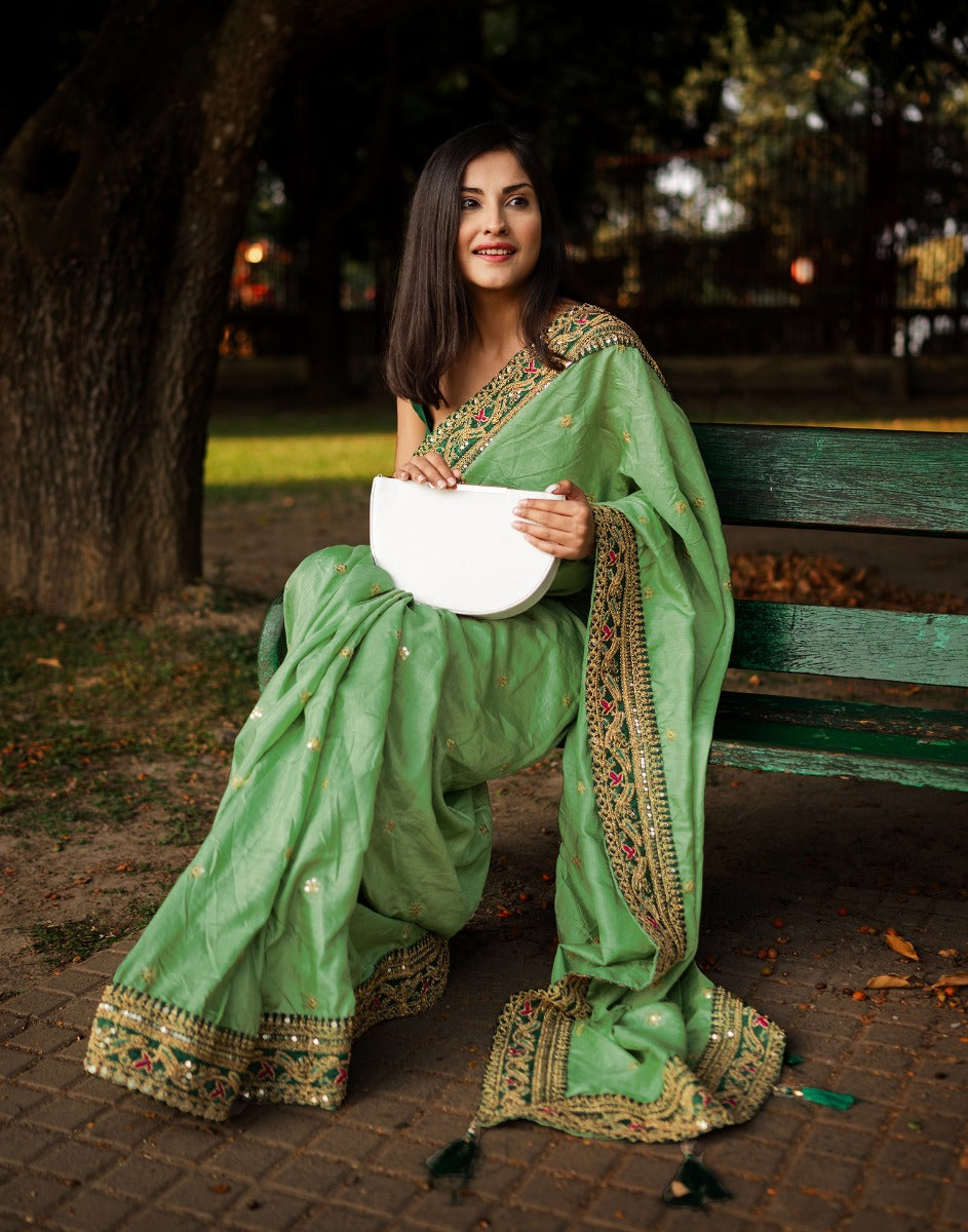 Katan Silk Pista Green Banarasi Zari Saree – Sunasa