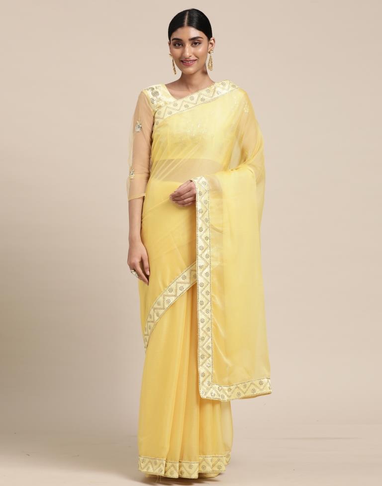 Lemon Yellow Saree in Linen Silk - Clothsvilla