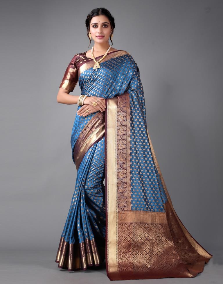 Grey and Peacock Blue Designer Banarasi Silk Saree